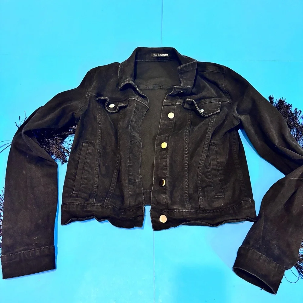 Fashion Nova Coastal Cowgirl Whimsigoth Black Fringe Jean Jacket